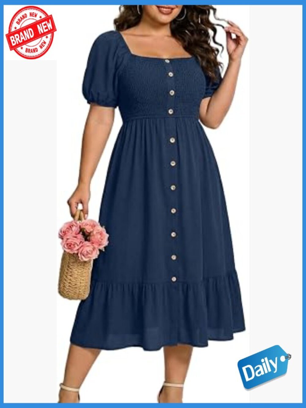Plus Size Boho Midi Dress - Flowy Square Neck Smocked Button Down Casual